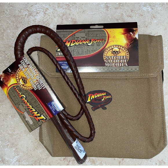 2 PC OFFICIAL INDIANA JONES CANVAS BAG SATCHEL & WHIP COSTUME SET ACCESSORY NEW - Picture 1 of 11